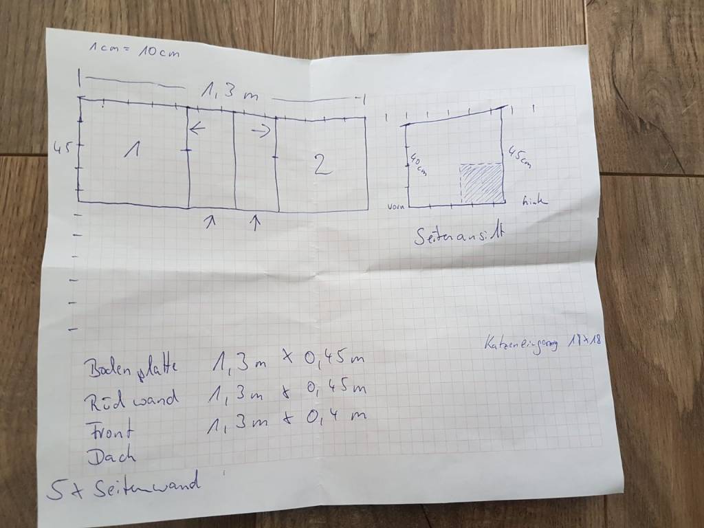 Plan Anleitung ein Katzenhaus selber bauen für 2 Katzen - DIY Blog  Elkenbrederweg Bad Salzuflen bei Bielefeld Ostwestfalen Lippe Zeichnung Bilder Katzenhaus Selbstbau