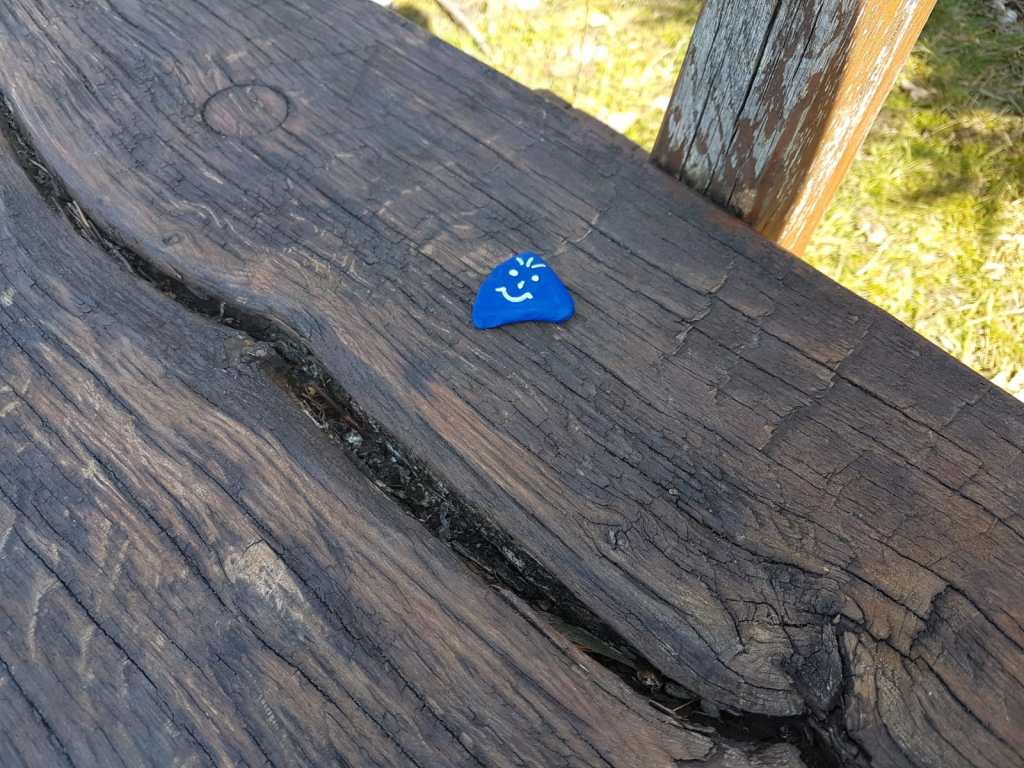 bemalter Stein auf einer Bank im Wald von Bad Salzuflen