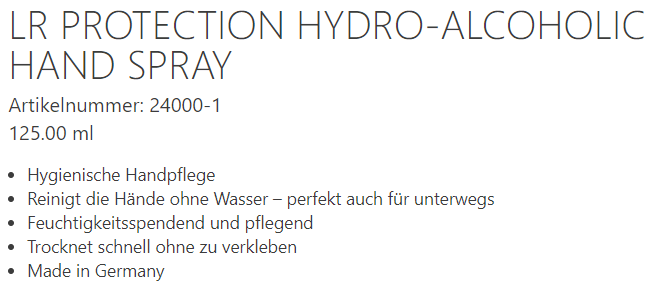 LR Handspray. Wenn waschen nicht möglich ist.